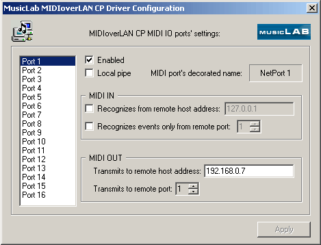 MIDIoverLAN CP Screenshot